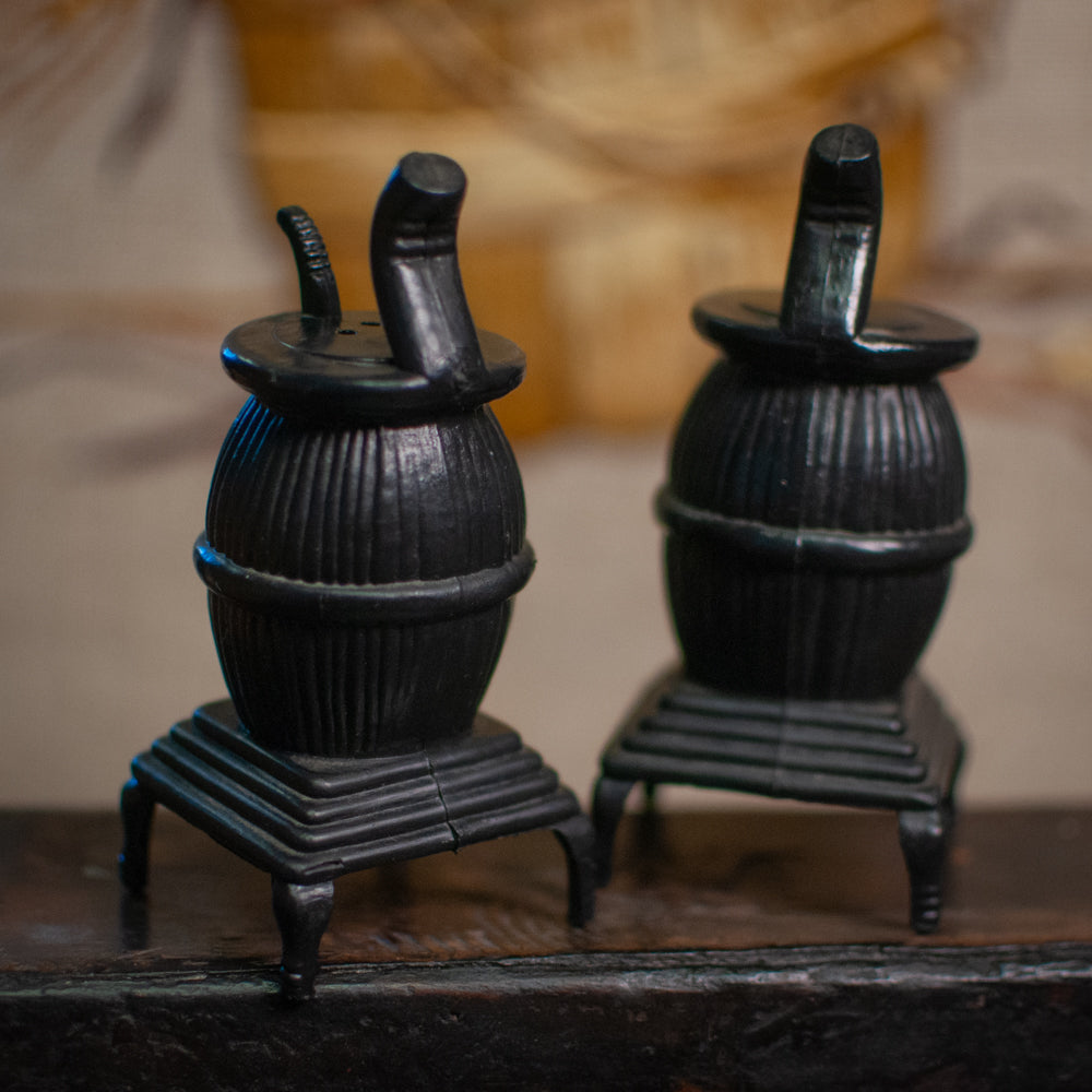 Plastic Potbellied Stove Salt and Pepper Set 1970s