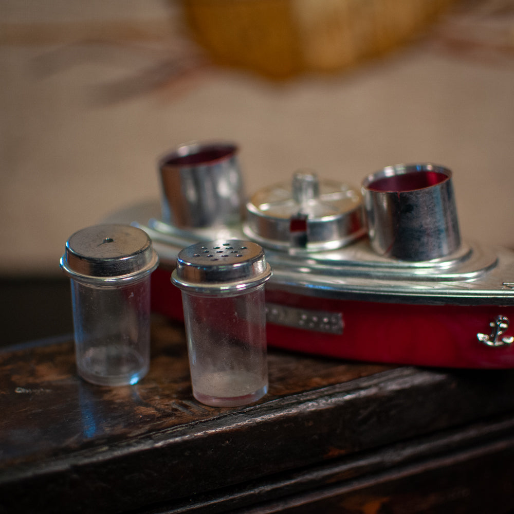 Speed Boat Salt, Pepper and Mustard Pot Set Made in Hong Kong 1960s